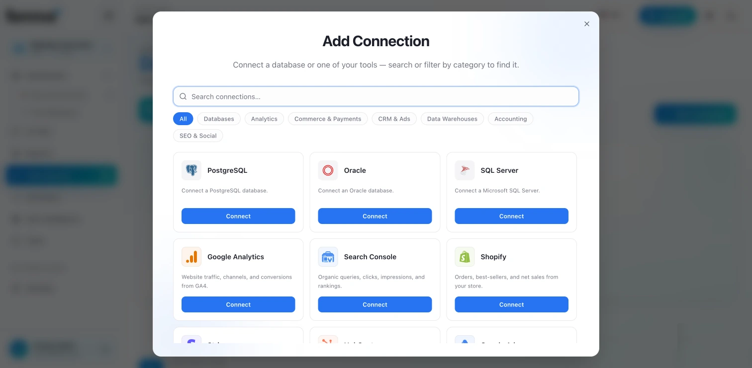 نافذة إضافة اتصال في فينيكس وتضم PostgreSQL وOracle وSQL Server وGoogle Analytics وSearch Console وShopify
